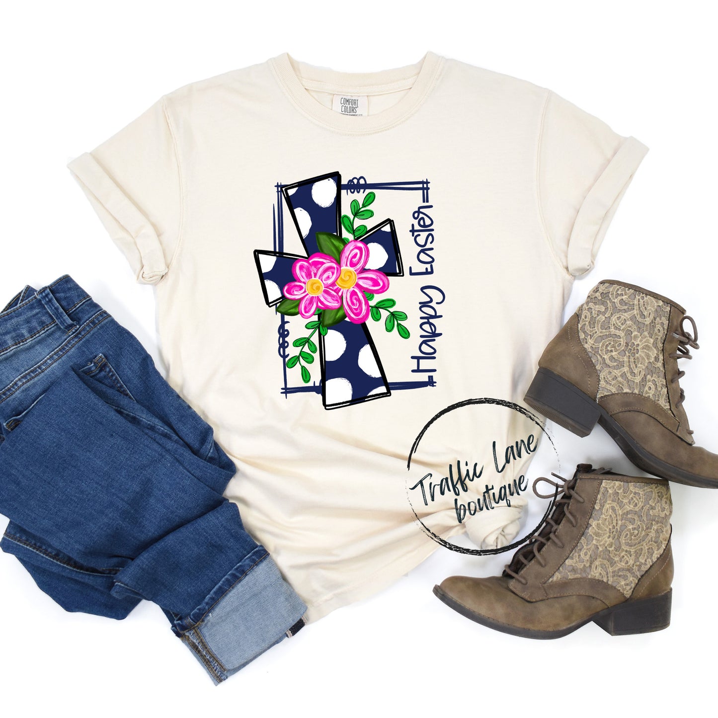 Happy Easter Navy And Pink Cross Shirt