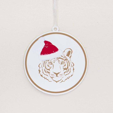 Galvanized Tiger Santa Hat Ornament   White/Gold/Red   4"