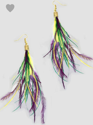 Mardi Gras Feather Gold Hook Earrings
