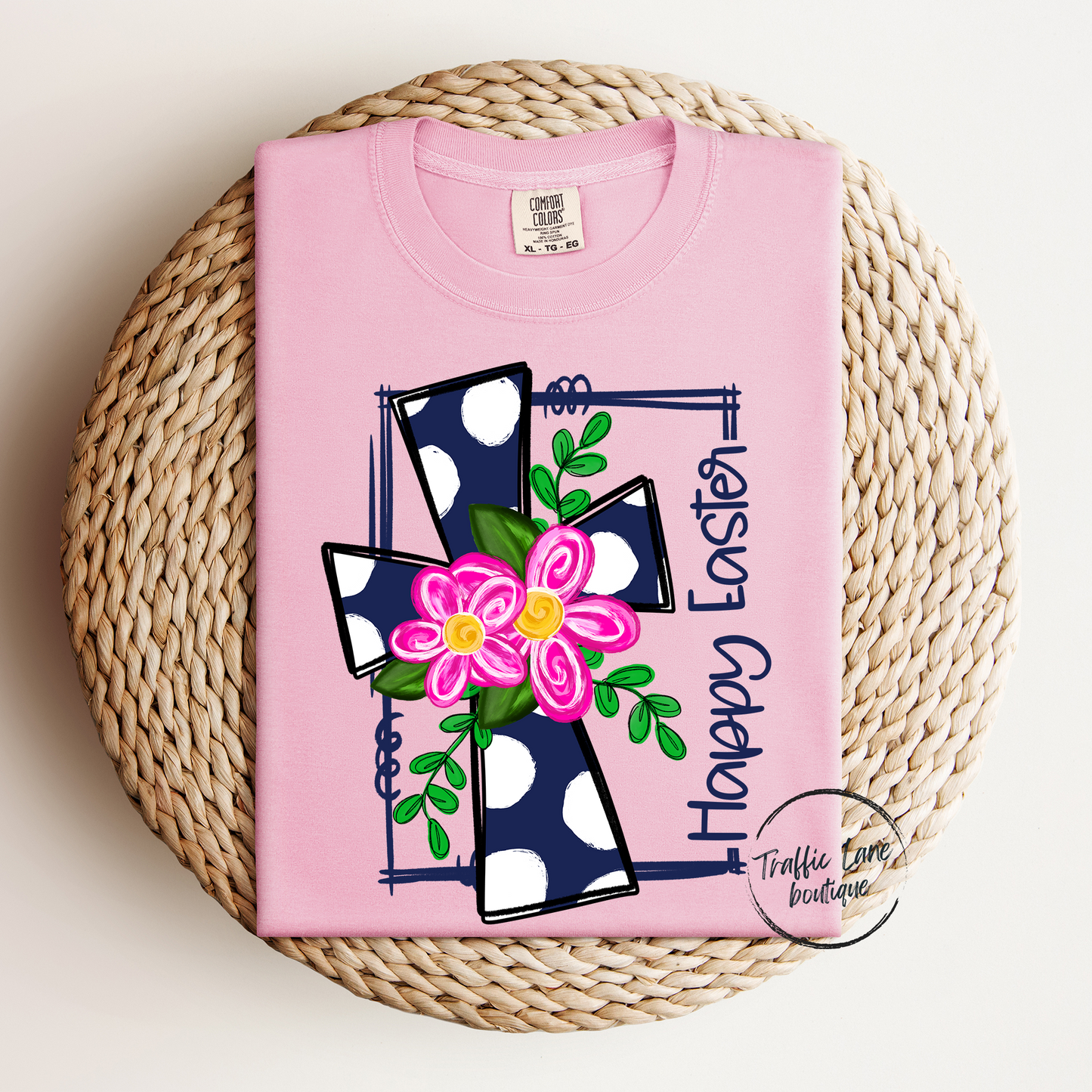 Happy Easter Navy And Pink Cross Shirt