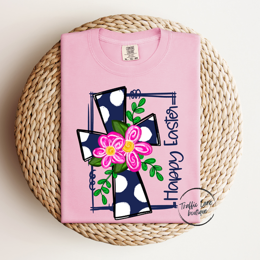 Happy Easter Navy And Pink Cross Shirt