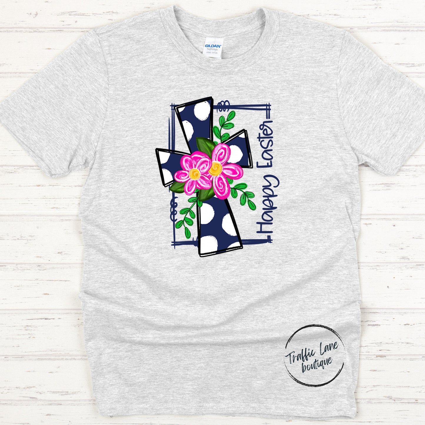 Happy Easter Navy And Pink Cross Shirt