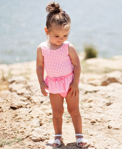 Rose gingham skirted one-piece swimsuit RuffleButts 