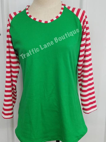 Green Raglan with Red Stripe Sleeves 
