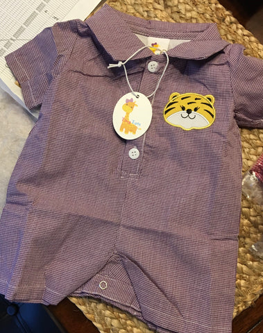 Purple Gingham tiger romper for game day