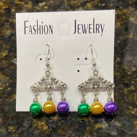 Mardi Gras Color Faux Pearl chandelier hook earrings