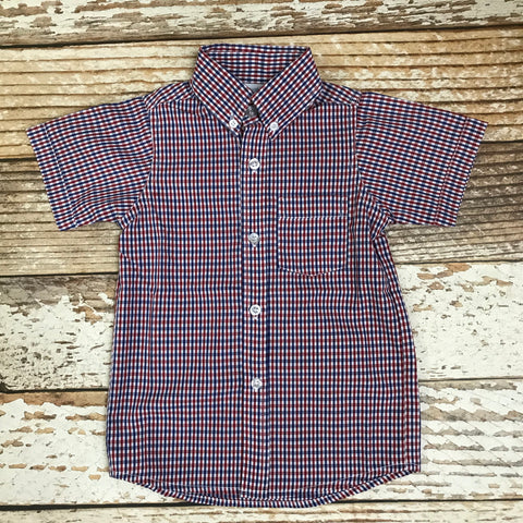 red, white and blue gingham button down shirt
