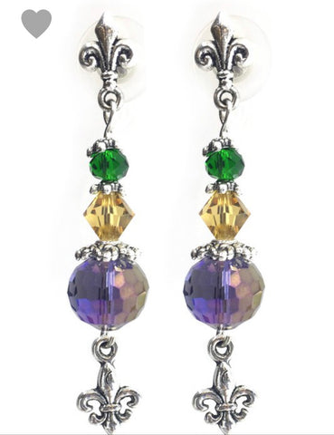 Mardi Gras bead earrings with fleurs de lis 